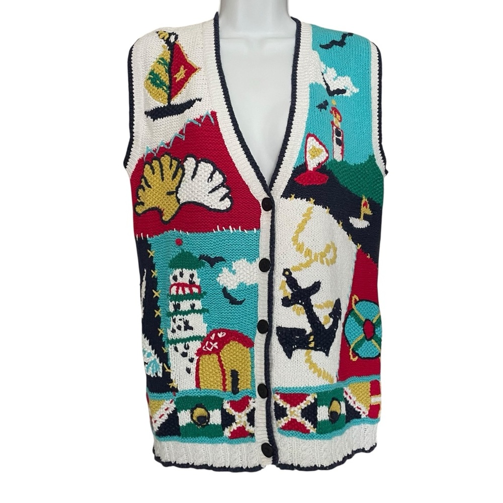 Vintage Crystal-Kobe Knitted Cardigan Vest Sweater Nautical Beach Colorful Sz M
